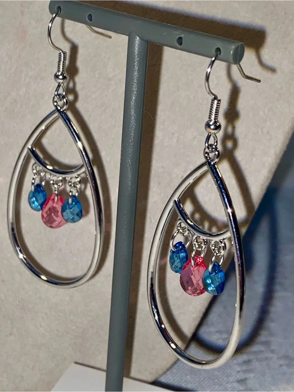 Silver Teardrop Earrings with Pink and Blue Crystal Drops